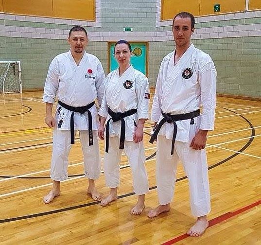 SKA Black Belts Senpai Paul and Senpai Leanne with Sensei Claudiu Dinu JKA Chief Instructor Germany, Lollar